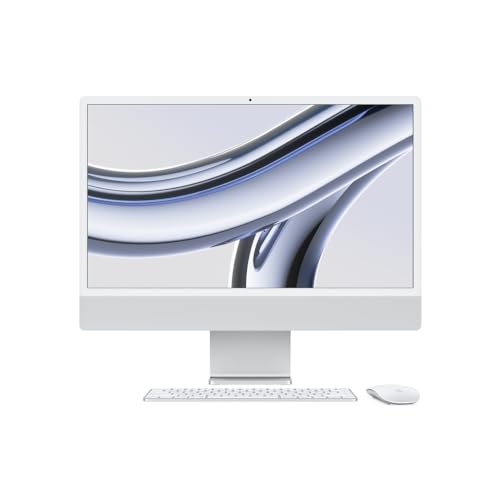 iMac. O computador desktop tudo em um da Apple com chip M3 (2023): CPU 8 núcleos, GPU 10 núcleos, tela Retina 4.5K 24 pol, 8 GB memória unificada, SSD 256 GB e acessórios na mesma cor. Prateado