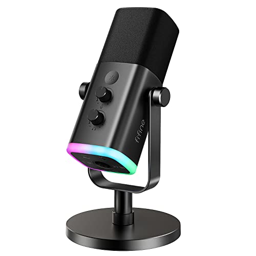 FIFINE Microfone dinâmico XLR/USB para gravação podcast,mic streaming para jogos computador e PC com luz RGB,botão mudo,conector para fones ouvido,suporte de mesa,mic vocal para YouTube-AM8 Preto