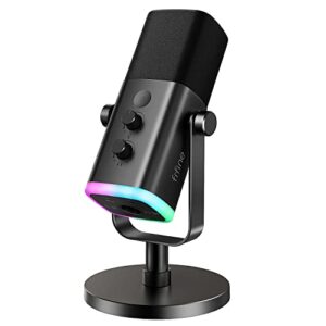 FIFINE Microfone dinâmico XLR/USB para gravação podcast,mic streaming para PC computador e jogos com luz RGB,botão mudo,conector para fones ouvido,suporte de mesa,mic vocal para YouTube-AM8 Preto