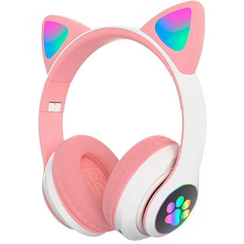 Fone de ouvido gatinho Cat ear Headphone bluetooth (Rosa/Branco)