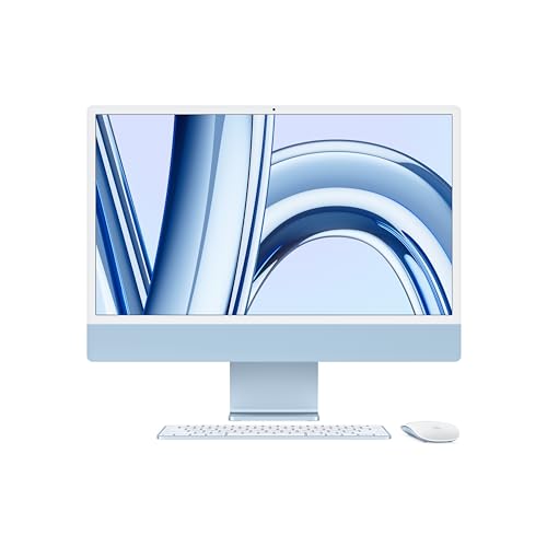 iMac. O computador desktop tudo em um da Apple com chip M3 (2023): CPU de 8 núcleos, GPU de 8 núcleos, tela Retina 4.5K 24 pol, 8 GB de memória unificada, SSD 256 GB e acessórios na mesma cor. Azul