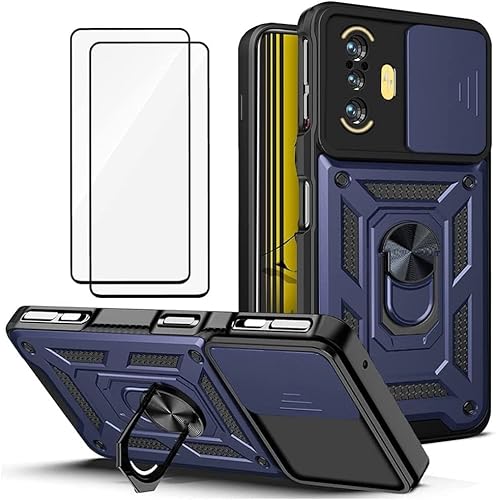 Capa para Xiaomi Poco F3 GT - com 2 películas temperadas, proteção para a câmera e suporte de metal para o telefone - Azul