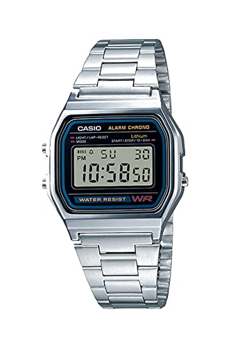 Casio Relógio digital masculino A158WA-1DF de aço inoxidável, Prata, Case size (L× W× H), Clássico, retrô