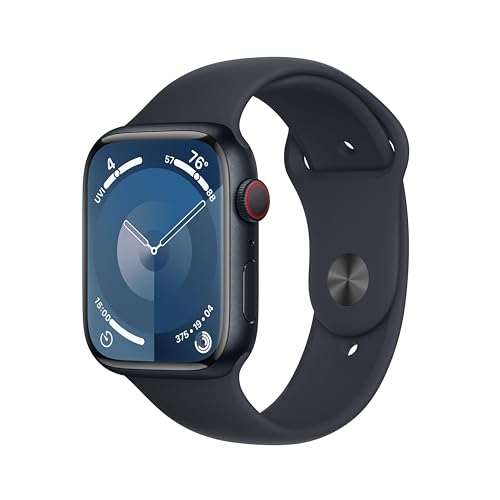 Apple Watch Series 9 GPS + Cellular • Caixa meia-noite de alumínio – 45 mm • Pulseira esportiva meia-noite – M/G