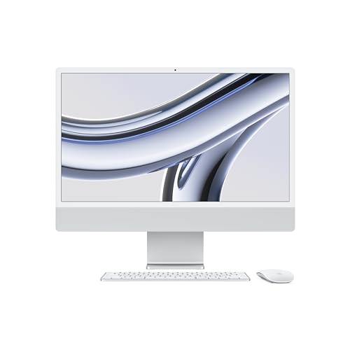 iMac. O computador desktop tudo em um da Apple com chip M3 (2023): CPU de 8 núcleos, GPU de 8 núcleos, tela Retina 4.5K de 24 pol, 8GB memória unificada, SSD 256GB e acessórios na mesma cor. Prateado