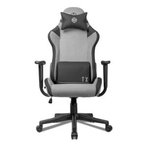 Cadeira Gamer TGT Heron TX, Acabamento em Tecido, Espuma Moldada, Almofadas para Lombar e Pescoço, Suporta até 130kg, Encosto Reclinável, Braço Fixo, Preto e Cinza, TGT-HRTX-FB02