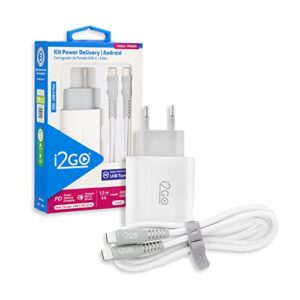 Kit Carregador de Parede Ultra Rápido com 1 Saída USB-C Power Delivery 20W + Cabo USB-C + USB-C I2GO 1,5m 3A Branco