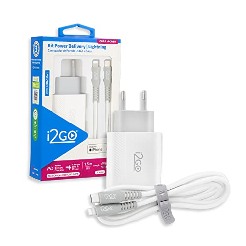 Kit Carregador de Parede Ultra Rápido com 1 Saída USB-C Power Delivery 20W + Cabo iPhone/Lightning + USB-C i2GO Certificado MFi 1,5m 3A Branco