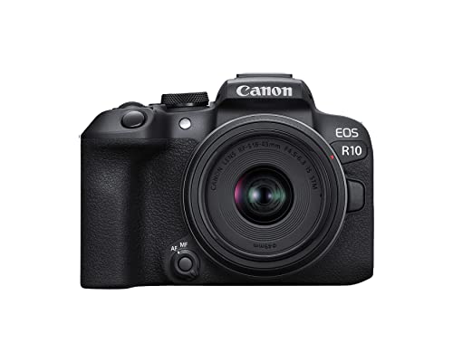 Canon A câmera sem espelho EOS R10 RF-S18-45 mm F4.5-6.3 é um kit de lentes STM, câmera híbrida, sensor CMOS (APS-C) de 24,2 megapixels, vídeo 4K, câmera de vlogging para criadores de conteúdo, preta