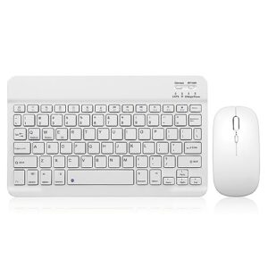 Conjunto de teclado e mouse Bluetooth recarregável, portátil, sem fio, conjunto para Apple iPad, iPhone iOS 13 e acima, Samsung, tablet, smartphone, Android, Windows (branco de 10 polegadas)