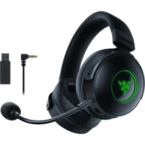 Razer Fone de ouvido para jogos sem fio Kraken V3 Pro HyperSense com tecnologia haptic: Drivers Triforce Titanium 50 mm - THX Spatial Audio - Hyperspeed Wireless - Tecido híbrido e almofadas de espuma de couro sintético