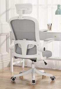 Cadeira Para Escritório, Design Ergonômico, Presidente Giratória, Encosto de Cabeça Ajustável, A Almofada de Assento Espessada, Ajustada a 125°, Experiência de Suporte Atualizada (Cinzento e Branco)