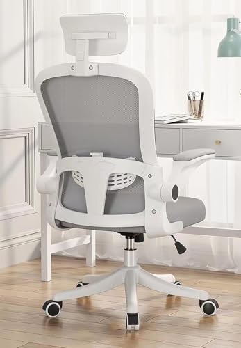 Cadeira Para Escritório, Design Ergonômico, Presidente Giratória, Encosto de Cabeça Ajustável, A Almofada de Assento Espessada, Ajustada a 125°, Experiência de Suporte Atualizada (Cinzento e Branco)