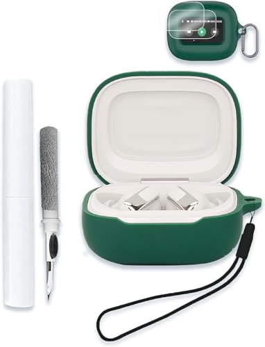 Capa para fones de ouvido JBL Live Beam 3, protetor de silicone macio, portátil, resistente a arranhões, compatível com capa com kit de limpeza, mosquetão e cordão, verde